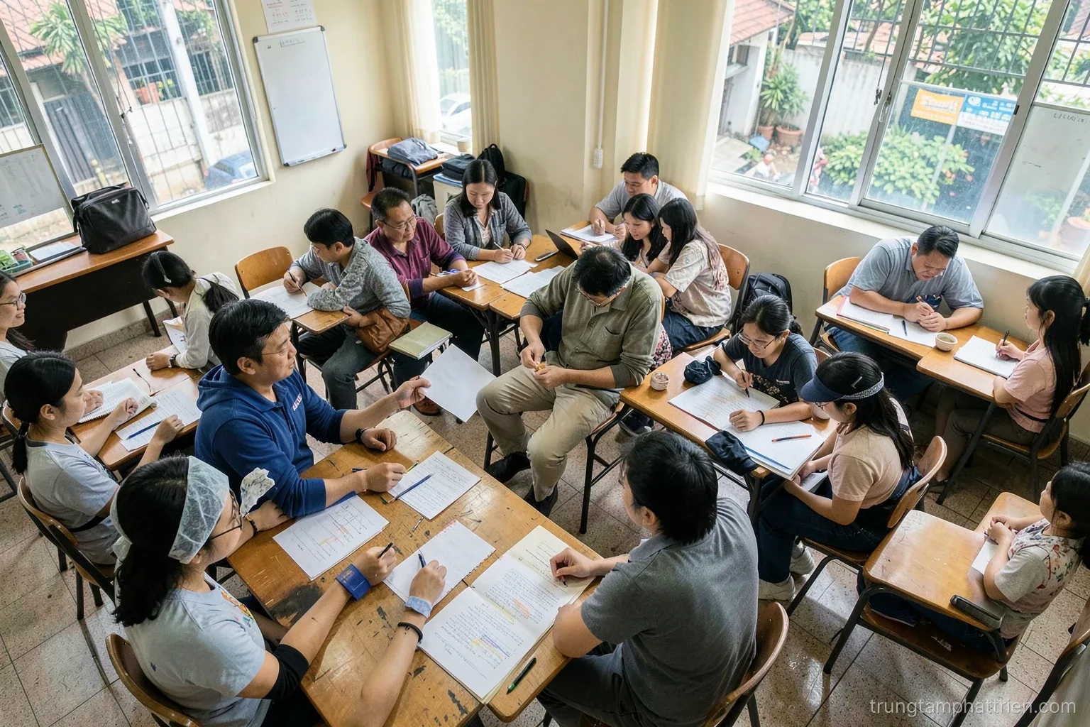 Wide shot of a bright training room where Vietnamese adult learners of mixed ages sit in a circle discussing, seen from behind, large windows, soft daylight, olive green and cream palette