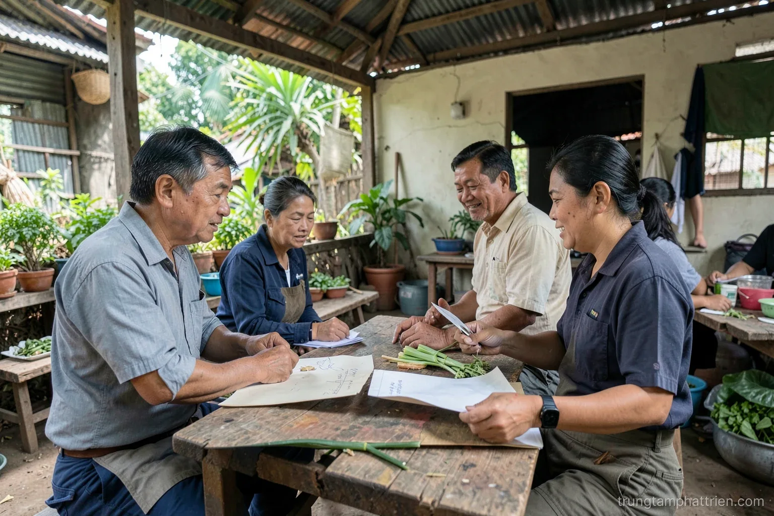 Over-the-shoulder view of Vietnamese farmers gathered around a long wooden table in a rural cooperative warehouse, rice sacks stacked behind, warm afternoon side light, ochre and olive tones
