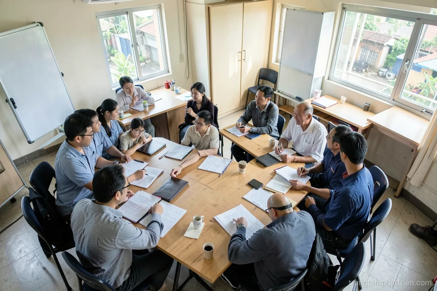 Over-the-shoulder view of a small team gathered around a long table in a sunlit meeting room, blank whiteboard behind, faces turned away, calm morning tones of grey and green