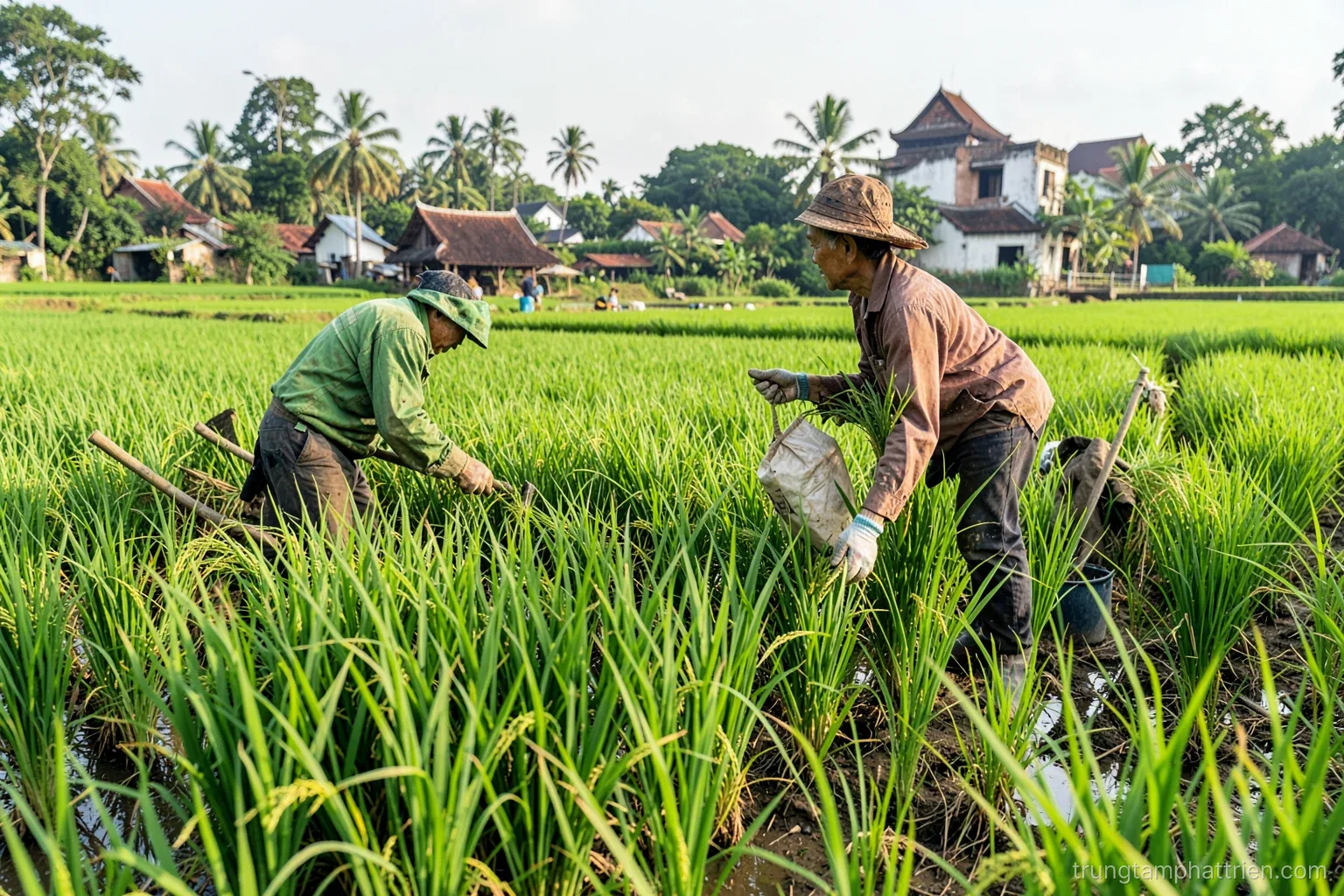 Low angle shot of a Vietnamese farmer in a conical hat checking a perforated plastic water tube in a drained rice paddy, wide sky, soft blue morning light, pale green tones