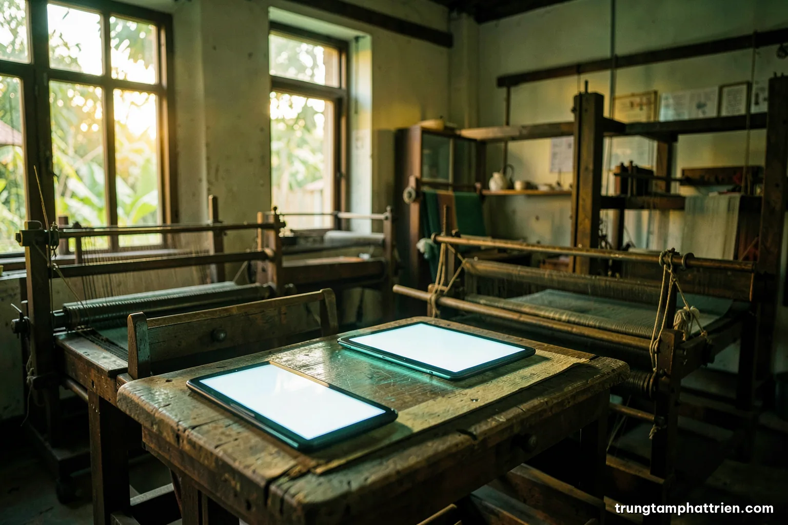 Wide shot of a quiet Vietnamese textile workshop at dawn, old wooden looms beside a single glowing blank tablet on a workbench, warm amber and teal light