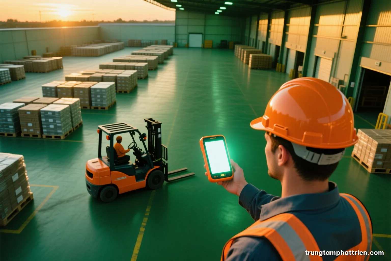 Top-down view of a large warehouse floor at dusk, neat rows of pallets and a forklift, a worker in a hard hat holding a blank glowing handheld scanner, orange and slate palette