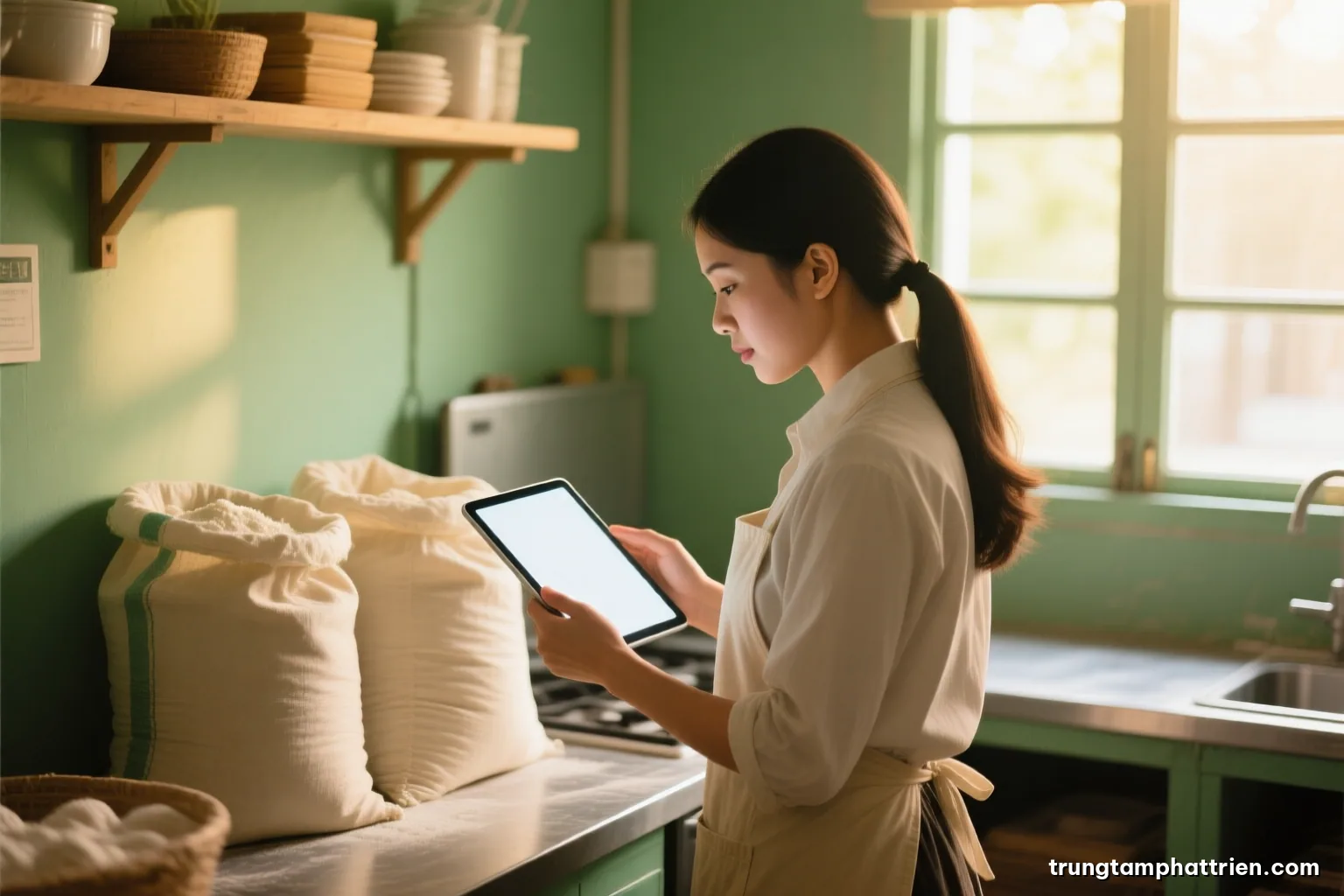 Over-the-shoulder view of a Vietnamese woman owner in a small bakery kitchen, checking a blank glowing tablet beside flour sacks, soft morning window light, cream tones