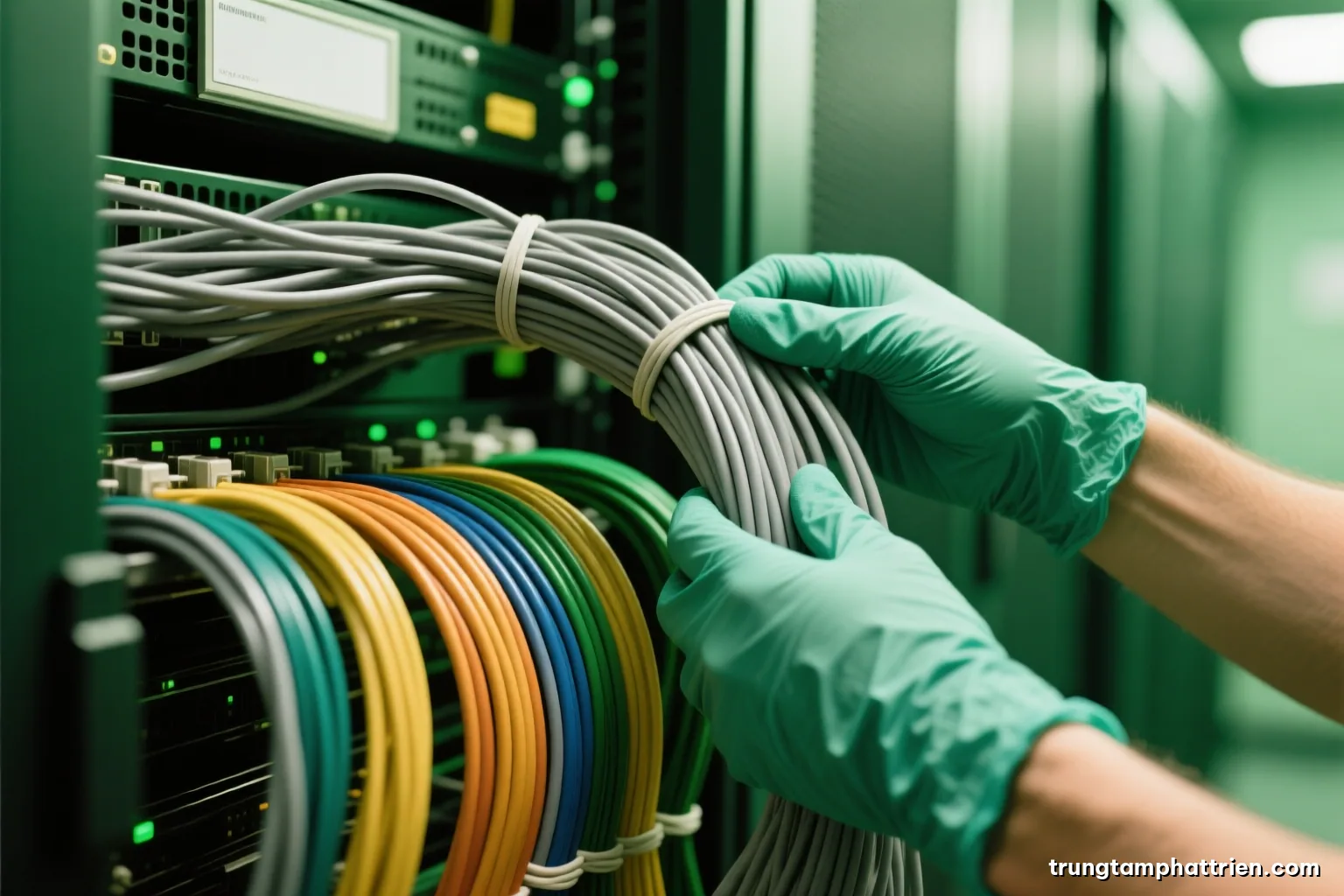 Macro shot of tangled grey network cables being sorted into neat colour-coded bundles by gloved hands in a server room, cool green and steel lighting, shallow depth of field