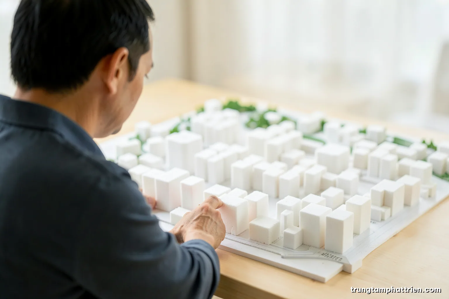 Over-the-shoulder view of a Vietnamese urban planner arranging white foam blocks on a large physical city model, soft studio light, white and pale wood palette, shallow depth of field