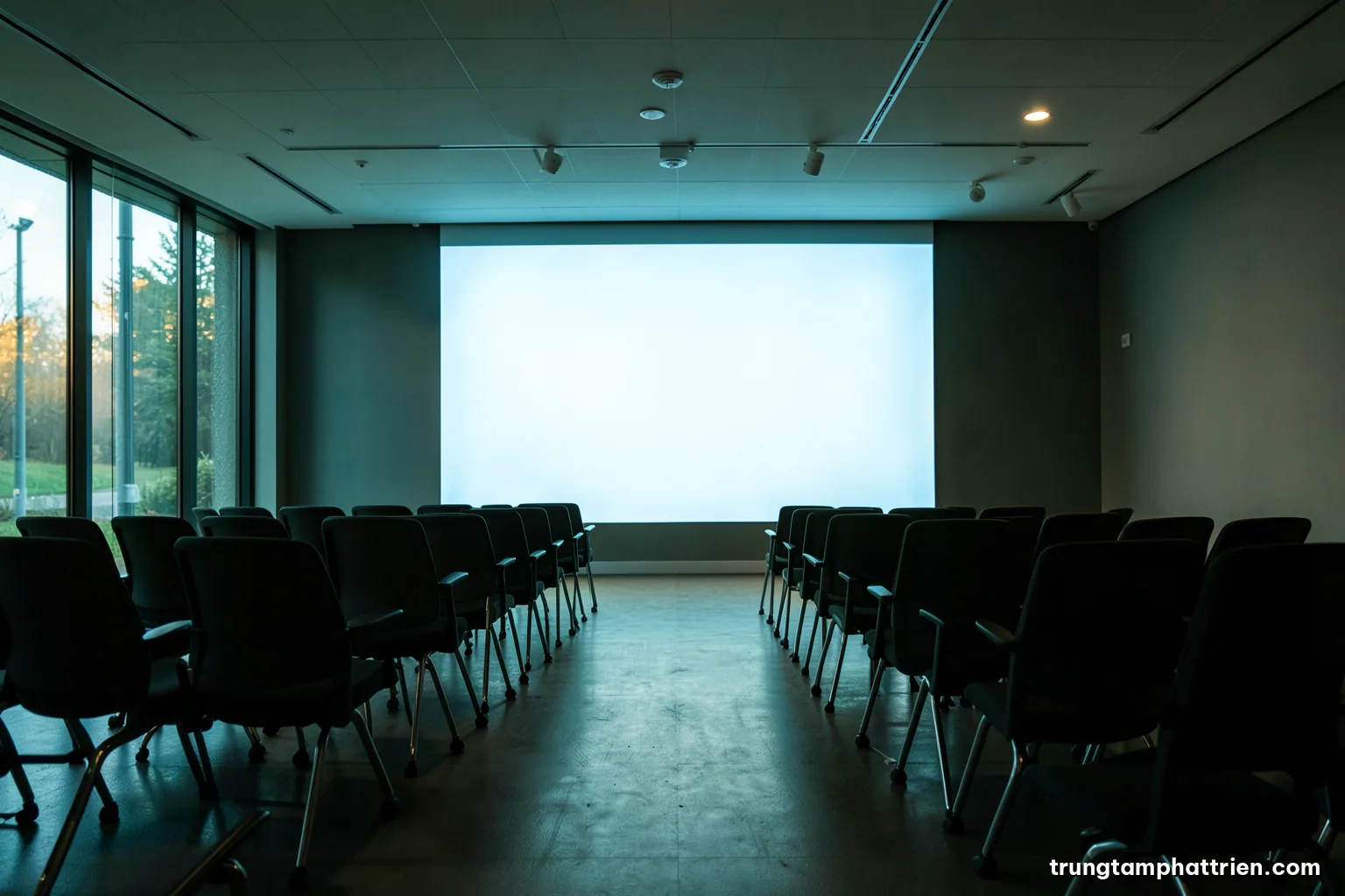 Low angle view of an empty modern meeting room at night, rows of chairs facing a large blank glowing wall display, cold blue light, long shadows