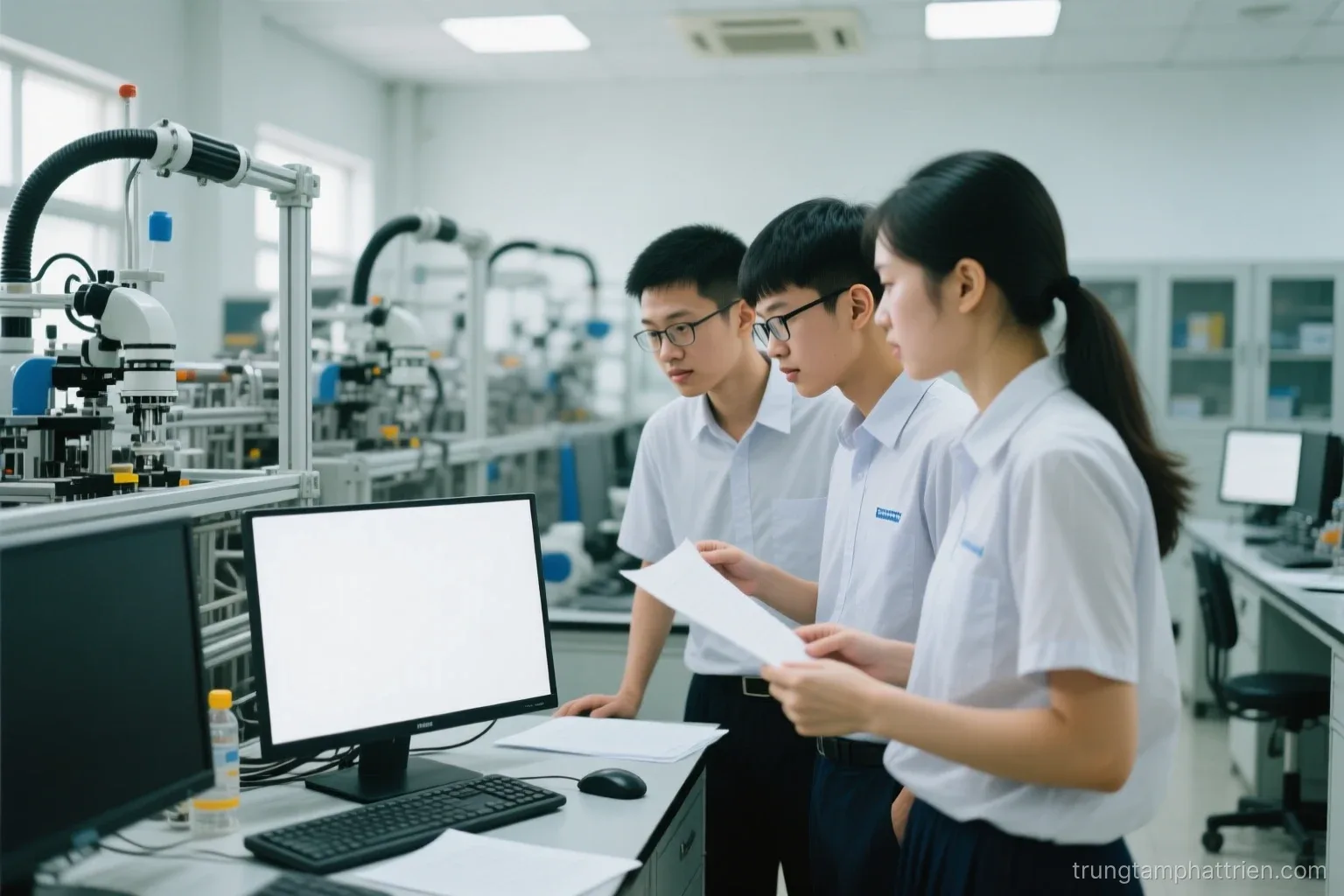 Wide shot of a collaborative robot arm stacking cartons beside a human worker in a clean modern factory, worker seen from behind, cool white light with orange accents